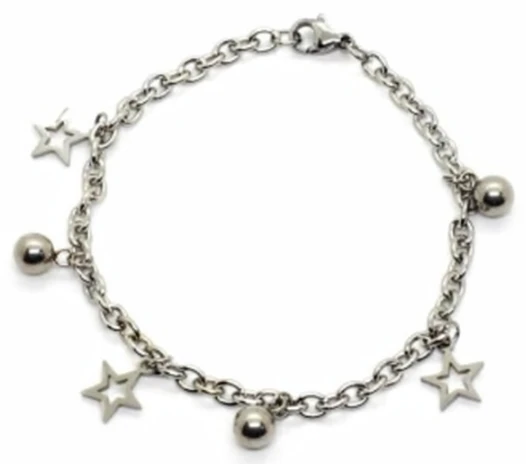 Pulsera de acero quirurgico eslabon tipo tiffani con bolitas y estrellas caladas 19cm